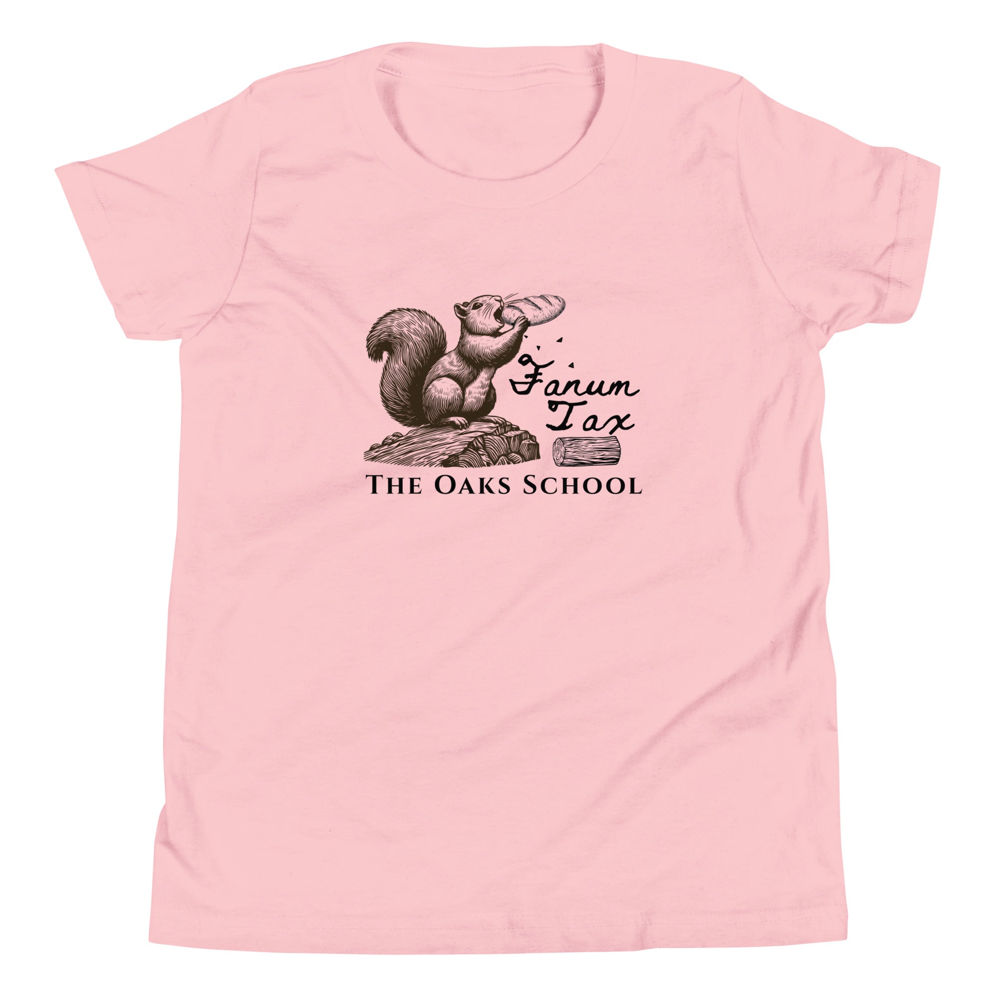 Product mockup: A pink tshirt on a white background with an illustration of a squirrel eating a baguette while standing on a stump with the text "Fanum Tax" and "The Oaks School"