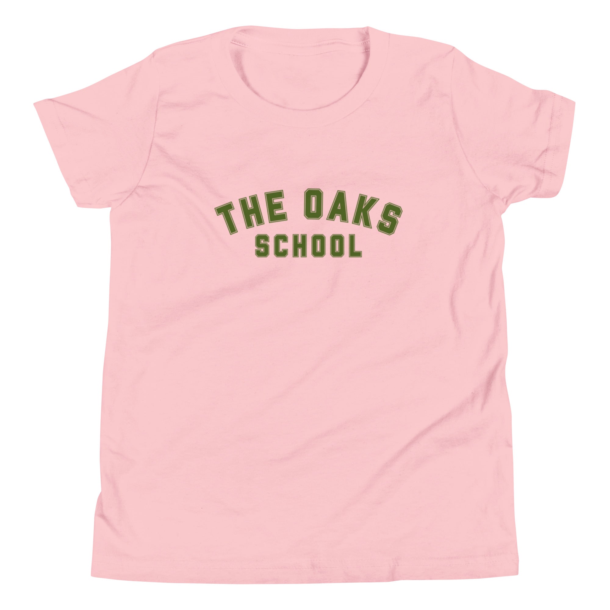 Product mockup: A pink tshirt on a white background featuring green collegiate style lettering that says "The Oaks School"