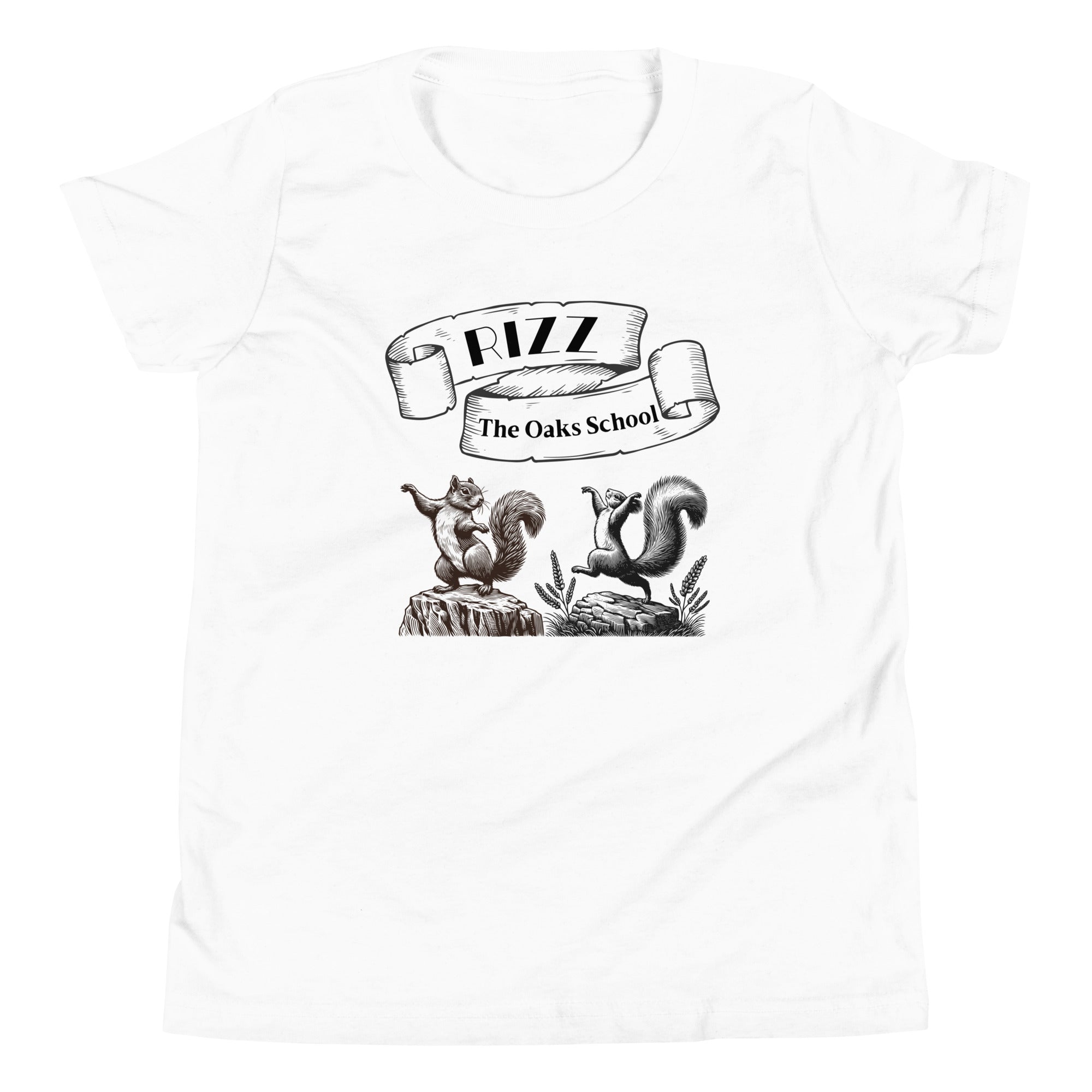 Product mockup: A white tshirt on a white background featuring an illustration of two squirrels dancing on stumps with a scroll above them with the text "Rizz" and "The Oaks School."