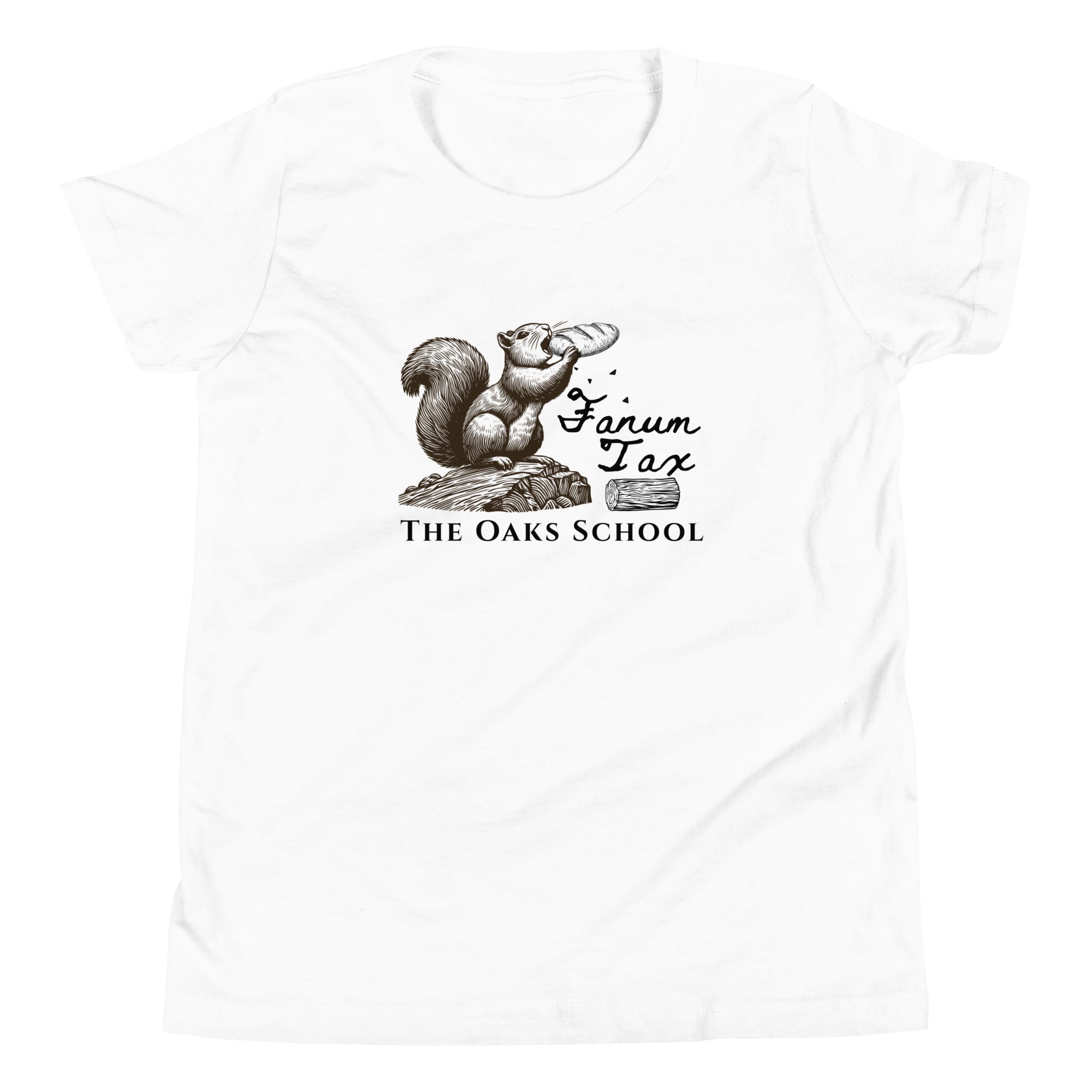 Product mockup: A white tshirt on a white background with an illustration of a squirrel eating a baguette while standing on a stump with the text "Fanum Tax" and "The Oaks School"